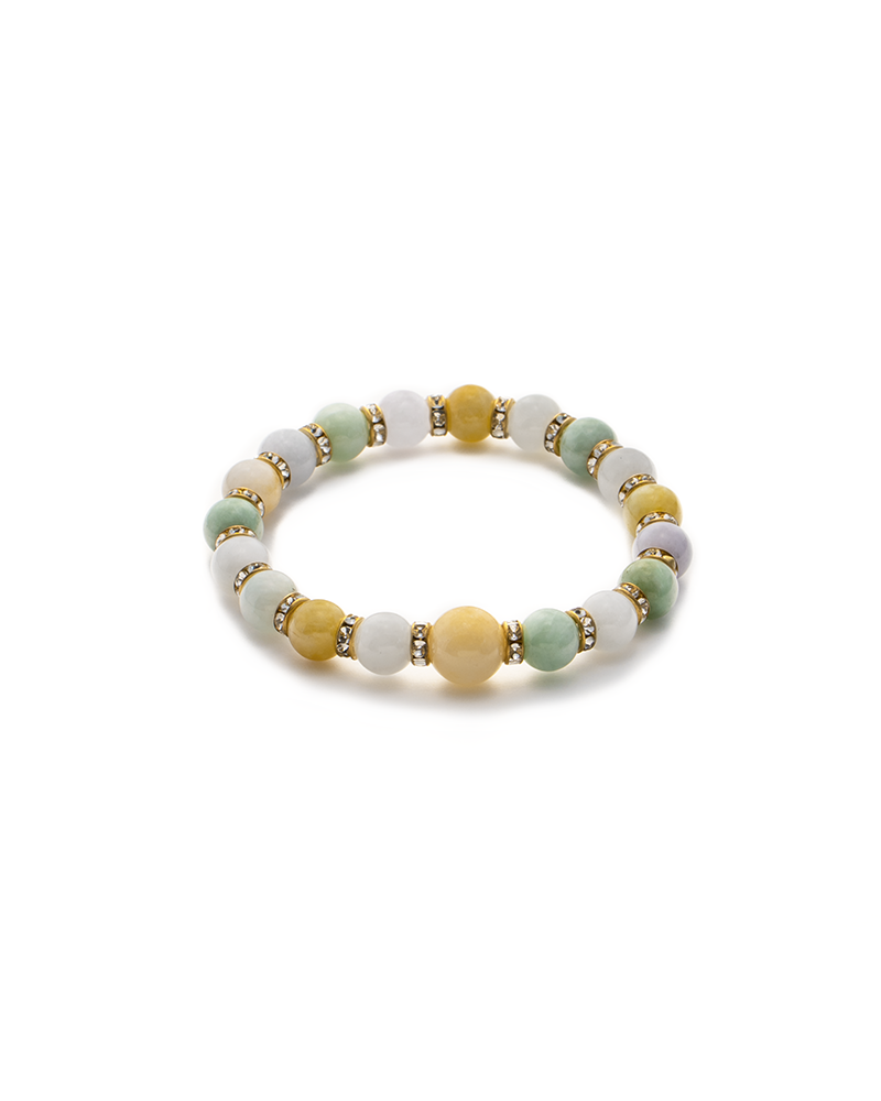 light green, greenish white, brownish yellow jadeite bracelet showing spherical beaded bracelet with a compact multicolor rhythm