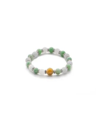light green, greenish white, brownish yellow jadeite bracelet showing spherical beaded bracelet with a compact elastic silhouette