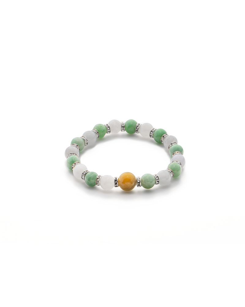 light green, greenish white, brownish yellow jadeite bracelet showing spherical beaded bracelet with a compact elastic silhouette