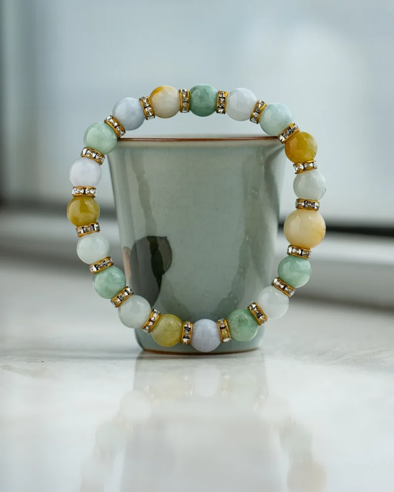 A Light Green Jadeite Beaded Bracelet featuring spherical beads with brownish yellow accents is displayed upright, balanced on a light green ceramic cup atop a marble surface.