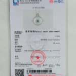 A gem identification certificate featuring a photo of a round cabochon jade (Feicui) pendant necklace, test results, and official red stamp, with text in Chinese and English.