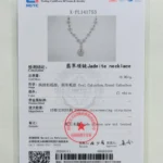 A jewelry certificate showing a photo of a jadeite necklace with round and oval cabochon stones, details in Chinese and English, weight of 10.064g, and several official stamps and signatures.