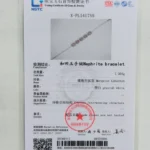 A certificate card from NGTC displaying details about a nephrite bracelet with marquise cabochon stones. The bracelet image is at the top; gem information, results, and official stamps are visible below.