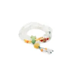 white, light green quartzite jade bracelet showing beaded bracelet with carved accent details and a small pendant drop