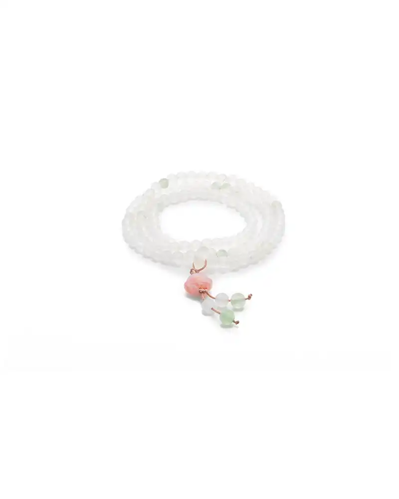 LYU_4886 white, light green quartzite jade bracelet showing long beaded bracelet with a peach carved focal accent and small drop details