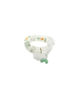 white, light green quartzite jade bracelet showing beaded bracelet with a carved donut pendant and small green drop accents
