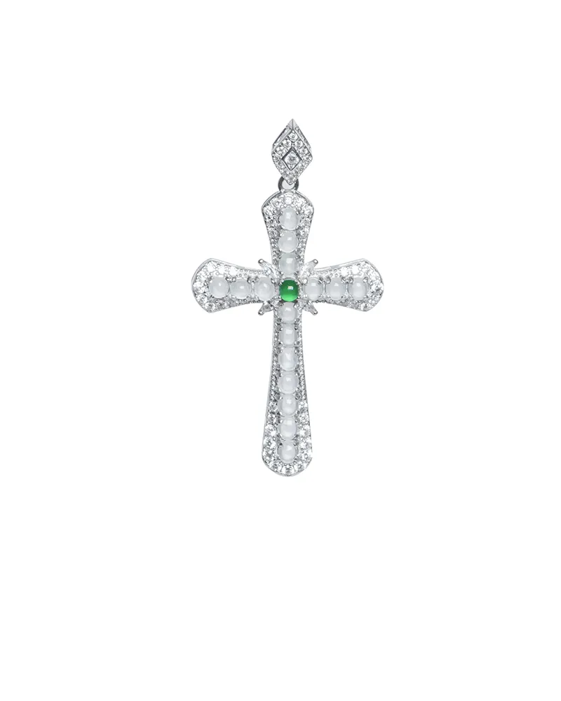Green and white Jadeite pendant with round cabochon detail on white background