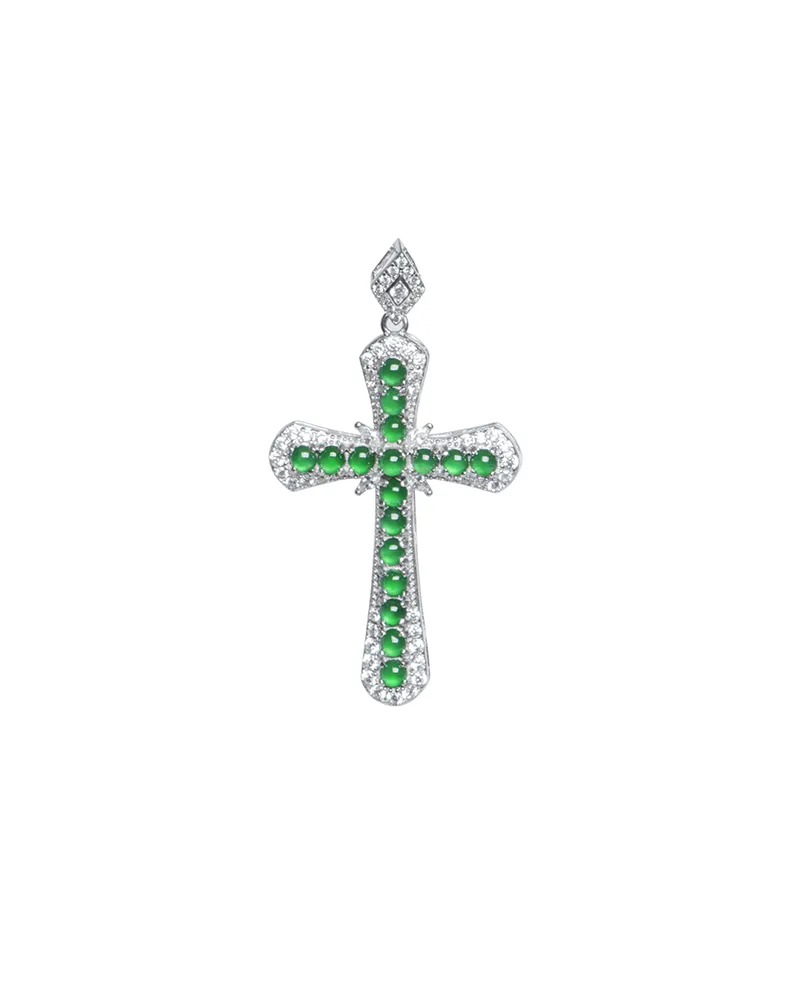 Green Feicui pendant with round cabochon detail on white background