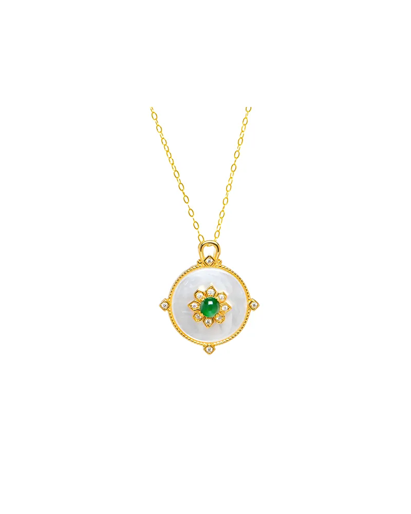 LYU_5350 Green Feicui neck adornment with round cabochon detail on white background