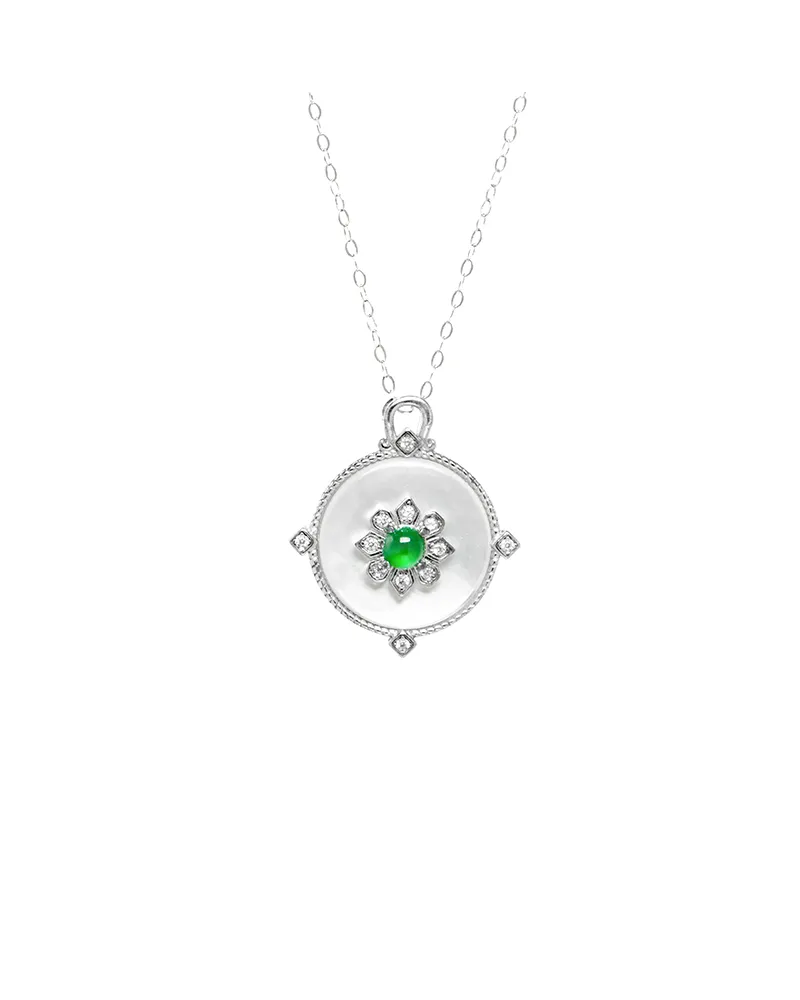 Green Feicui neck adornment with round cabochon detail on white background