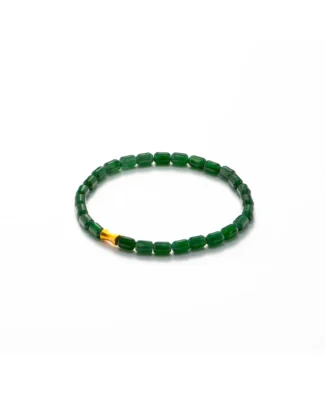 A simple beaded bracelet with dark green cylindrical beads and one contrasting gold bead, displayed on a plain white background.