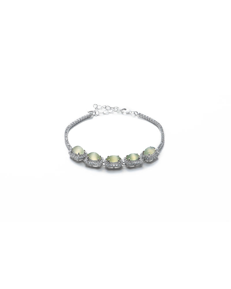 LYU_5632 Grayish white Nephrite Jade bracelet with marquise cabochon detail on white background