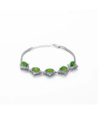 Green Nephrite Jade bracelet with marquise cabochon detail on white background