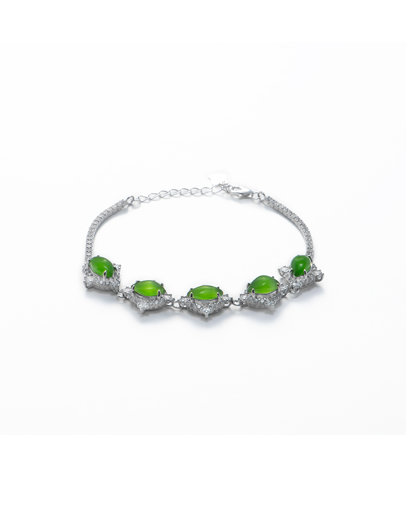 LYU_5634 Green Nephrite Jade bracelet with marquise cabochon detail on white background