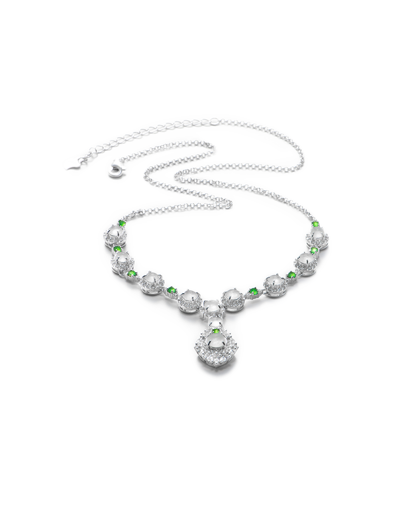 LYU_5639 拷贝 White jadeite necklace with oval cabochons and green accents on white background