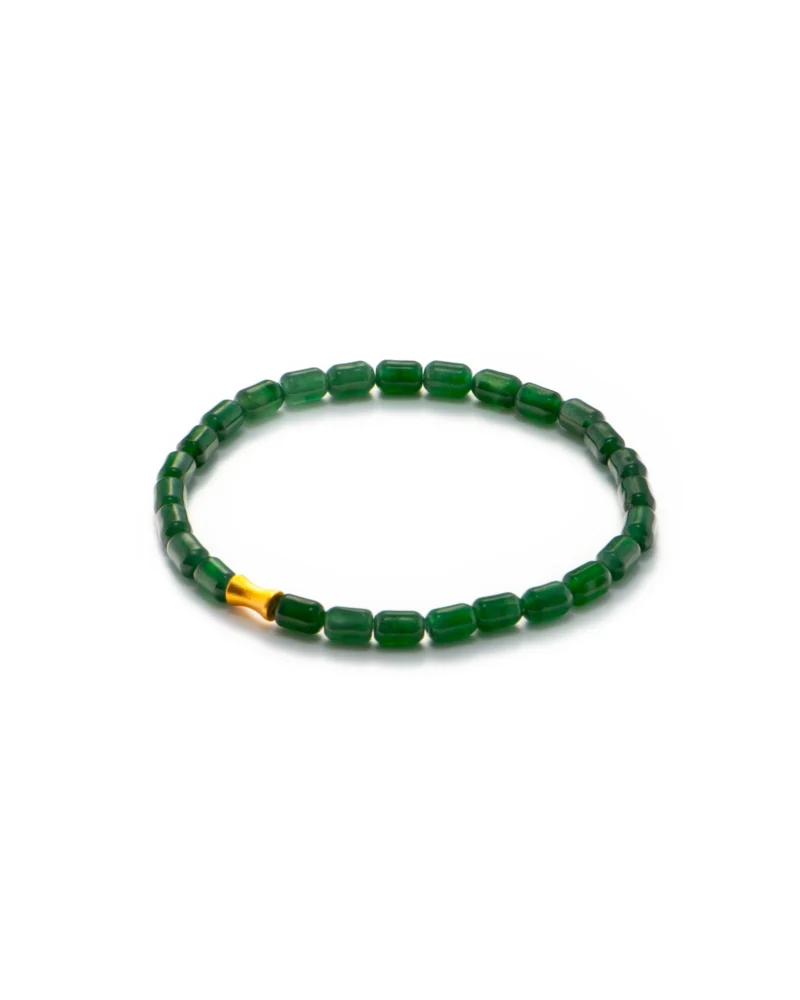 A Deep Green Feicui Bracelet featuring drum-shaped green beads with a single warm-tone spacer bead, arranged in a circle on a white background.