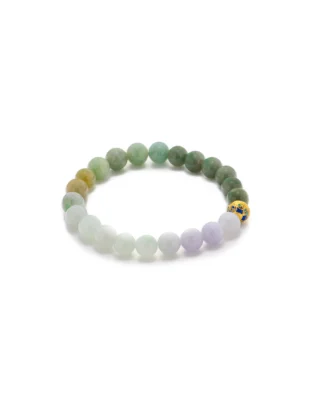 A round beaded bracelet made of polished stones in green, white, and lavender shades, with one yellow bead featuring a blue and red decorative design, displayed on a white background.