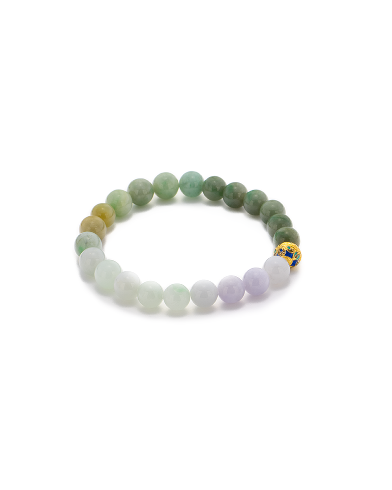 DSC_0503 拷贝 A round beaded bracelet made of polished stones in green, white, and lavender shades, with one yellow bead featuring a blue and red decorative design, displayed on a white background.