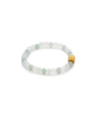 A beaded bracelet made of alternating pale green and white round beads, featuring a single gold-toned decorative bead.
