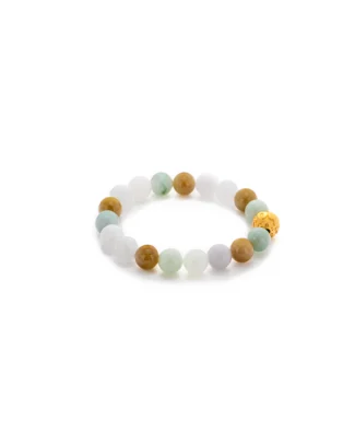 A beaded bracelet with alternating white, green, and brown round beads, featuring a single gold-colored bead with an engraved design, displayed on a white background.