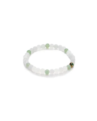 A beaded bracelet made of alternating white and light green round beads, featuring a small gold accent bead with a black design. The bracelet is arranged in a circular shape on a white background.