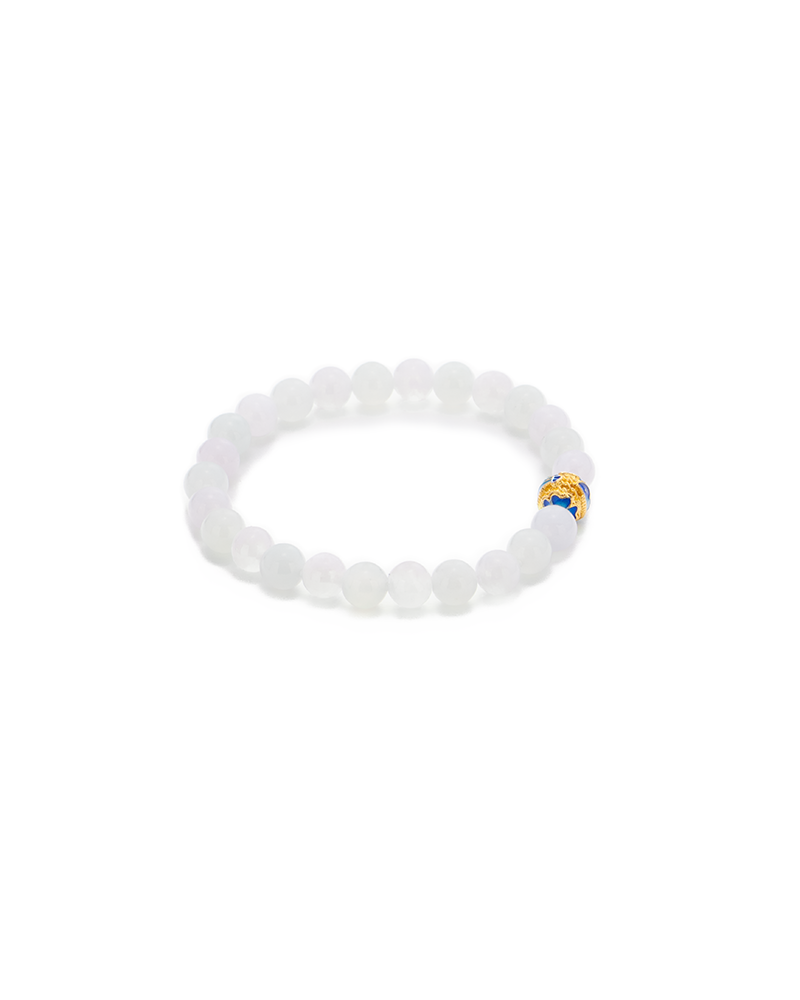 DSC_0510 拷贝 A simple bracelet made of round, translucent white beads with a single decorative gold and blue bead accent. The bracelet is arranged in a circle on a white background.