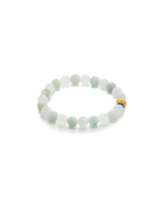 A beaded bracelet made of round, pale green jade beads with one distinctive gold bead featuring blue and red accents, arranged in a circle on a white background.