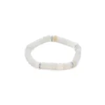 A beaded bracelet made of translucent, square white and pale yellow beads, with small silver spacer beads evenly distributed around the band. The bracelet is arranged in a circular shape on a white background.