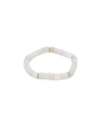 A beaded bracelet made of translucent, square white and pale yellow beads, with small silver spacer beads evenly distributed around the band. The bracelet is arranged in a circular shape on a white background.