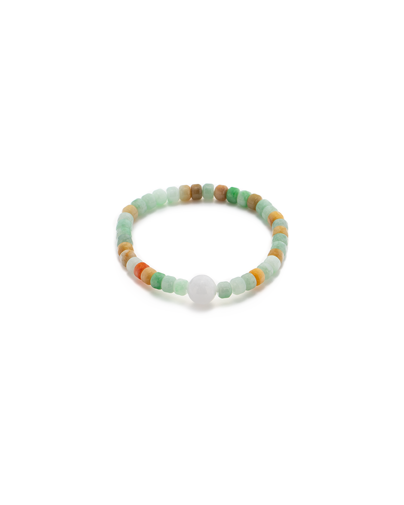 DSC_0518 拷贝 A beaded bracelet with small, round beads in shades of green, brown, orange, and blue, featuring a single larger white bead at the center.