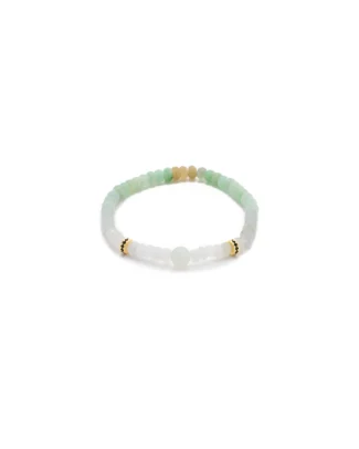 A delicate beaded bracelet featuring light green, white, and gold beads arranged in a simple, elegant pattern on a stretchy band, displayed on a white background.