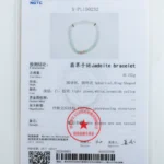 A certification card for a jadeite bracelet shows a photo of a light green beaded bracelet. The card includes gem details, measurements, purchaser info, a barcode, and official stamps in English and Chinese.