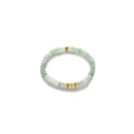 The Brownish-Yellow, Light Green and White Jadeite Bracelet features ring-shaped beads with gold-tone accent details, displayed on a plain white background.