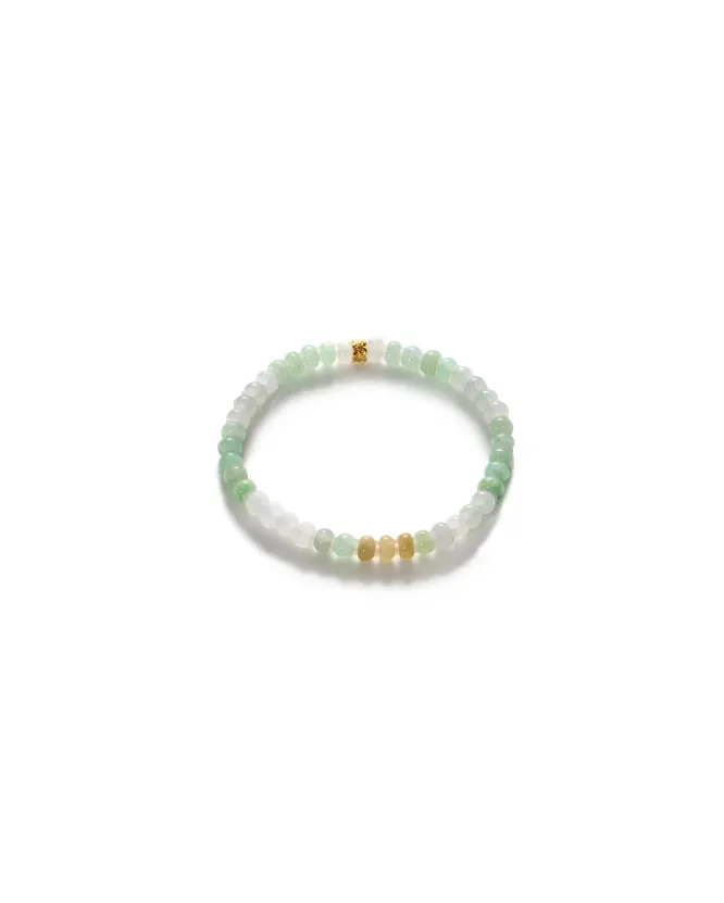 The Brownish-Yellow, Light Green and White Jadeite Bracelet features ring-shaped beads with gold-tone accent details, displayed on a plain white background.