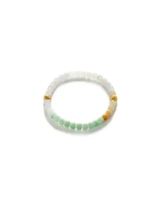 A beaded bracelet featuring light green, white, and pale yellow stones, accented with two small gold decorative spacers, displayed on a white background.