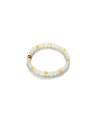 The Greenish-White Jadeite Bead Bracelet features spherical, translucent white beads with brownish yellow accents and a small gold bead with green detail, showcased on a white background.
