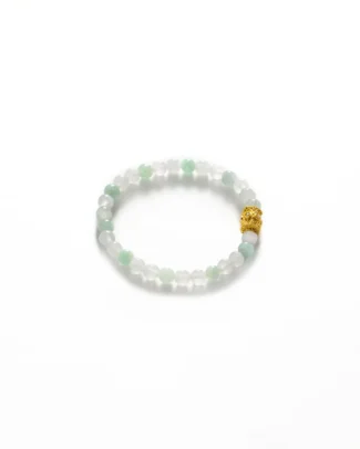 The Light Green and White Jadeite Bead Bracelet features translucent round beads and a gold-tone openwork accent, elegantly presented on a plain white background.