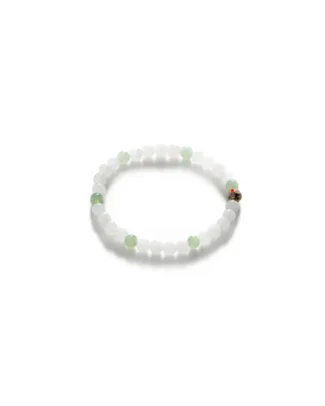 The Light Green and White Jadeite Bead Bracelet features mostly white spherical beads, light green jadeite accents, and an enamel-style gold accent, all arranged in a circle on a white background.