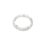 A beaded bracelet made of translucent white stones, accented with small silver spacer beads, displayed on a plain white background.