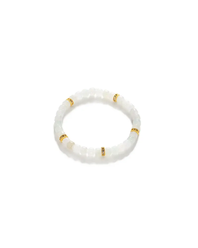 DSC_1115 拷贝 A beaded bracelet featuring translucent white beads and several evenly spaced gold accents, displayed on a plain white background.