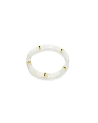 A white beaded bracelet with translucent round beads, accented by four gold rings spaced evenly around the band, displayed on a plain white background.