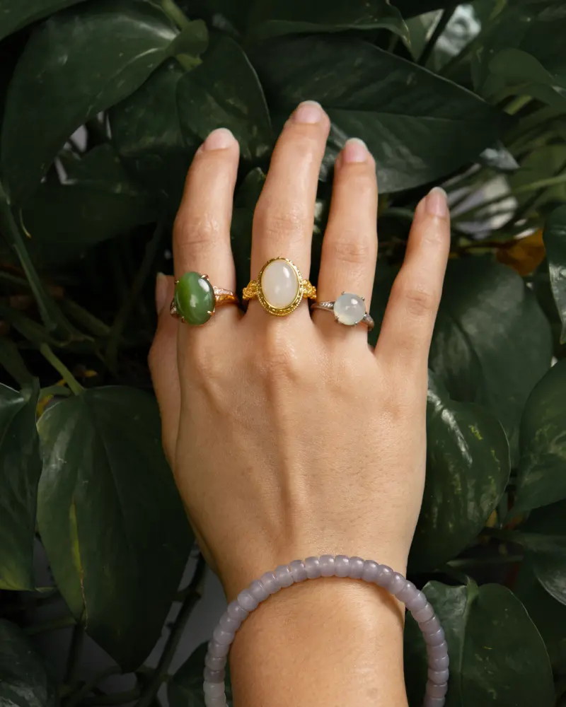 LYU_4203 拷贝 A hand wearing three gemstone rings and a lavender beaded bracelet is held against a background of green leafy plants.