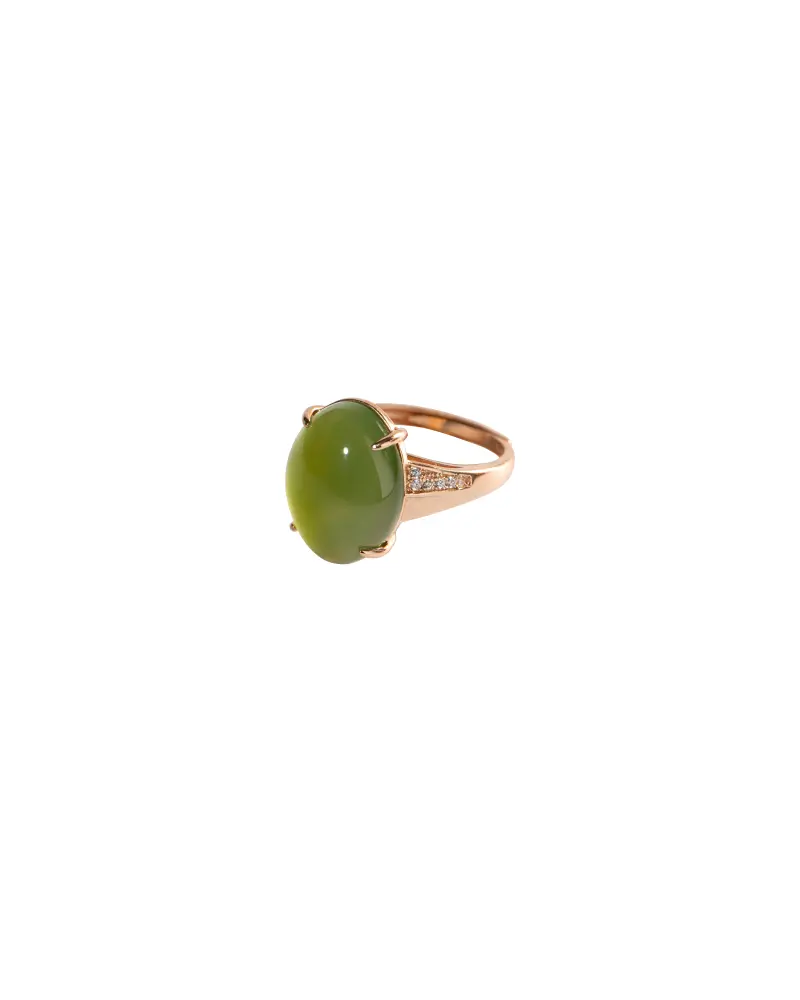 LYU_4455 拷贝 A gold ring with a large oval green gemstone set in the center and small accent stones along the band, displayed on a white background.