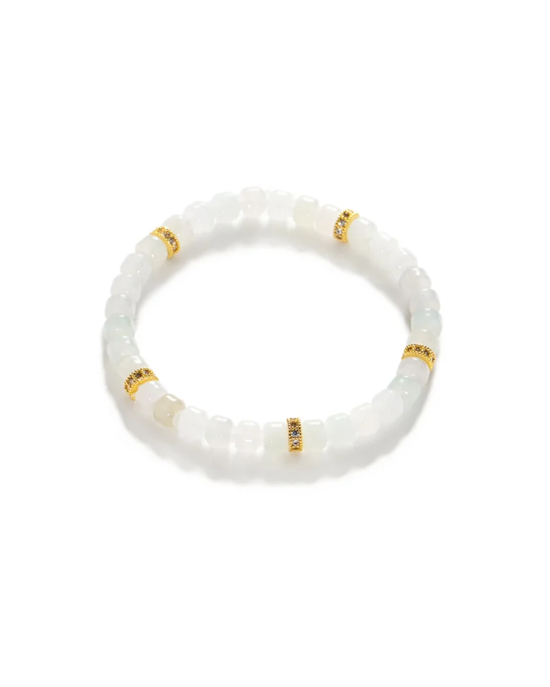 A Light Green and White Jadeite Bracelet — featuring intricately carved beads in soft light green and translucent white, accented with gold-tone details and artfully arranged in a circular pattern against a white background.