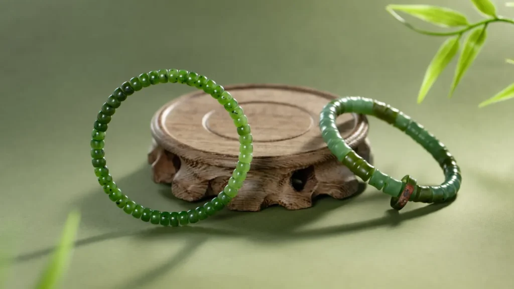 Two green jade bead bracelets are displayed in front of a round, carved wooden stand on a green background, with some green leaves visible in the corners.